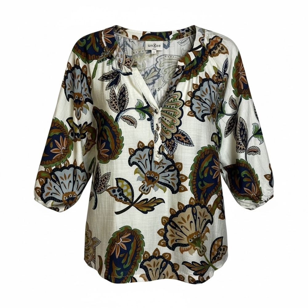 Umgee Womens Boho Floral Paisley Slub Henley Blouse 3/4 Balloon Sleeve Cream S